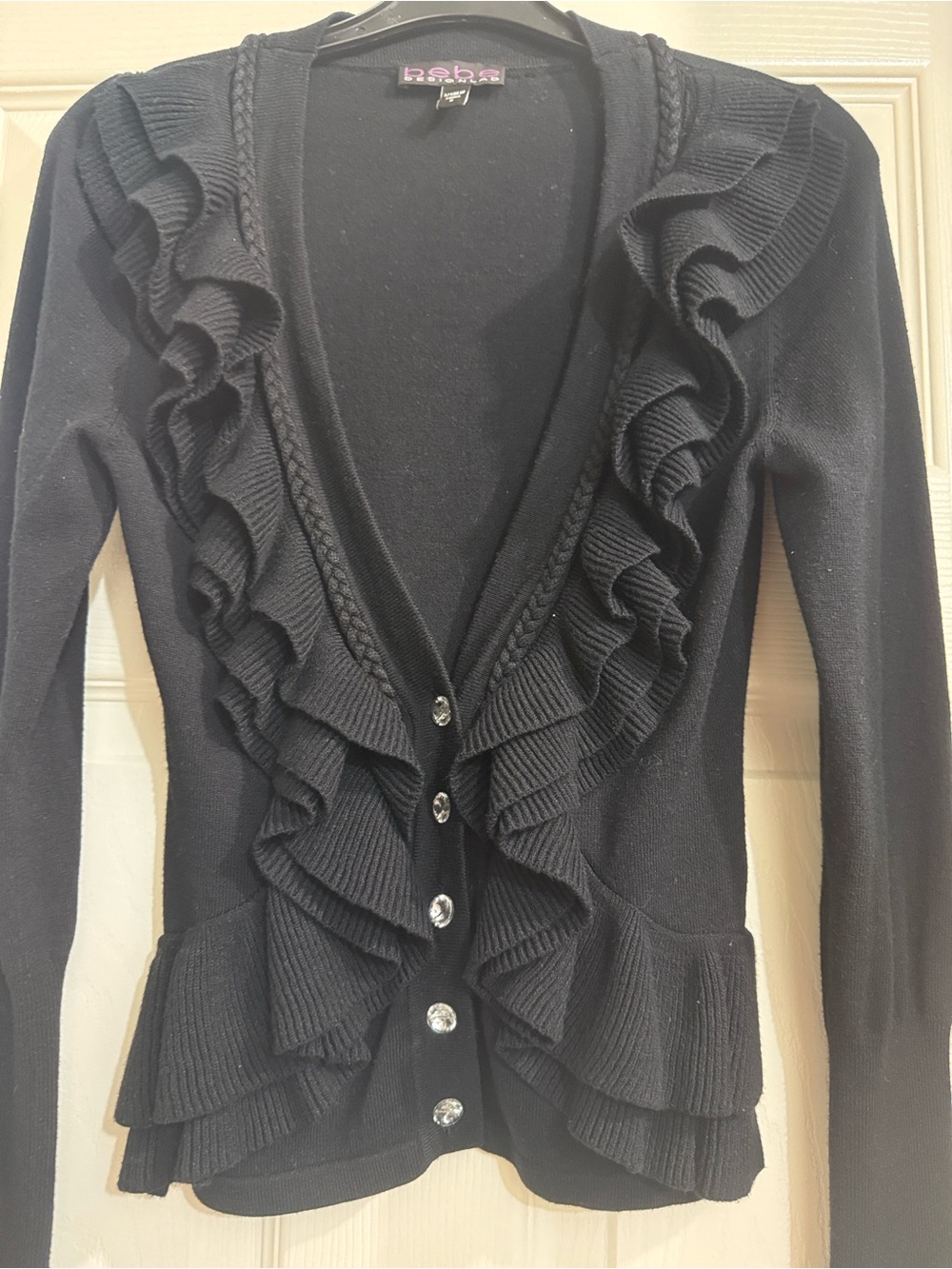 bebe Black Ruffle-Trim Button Cardigan - Picture 2 of 3